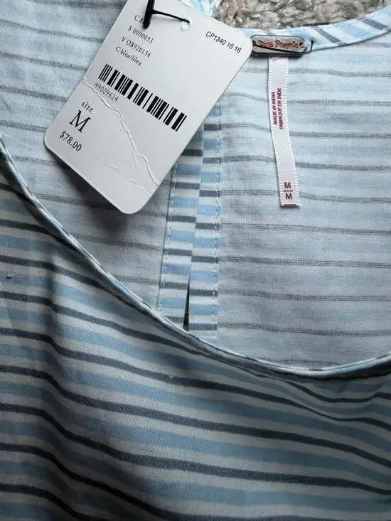 Free People Blue Stripe Babydoll Mini Dress Tiered Short Sleeve Size M NWT - Picture 6 of 8